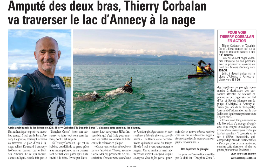 L’Essor Savoyard : Amputé des deux bras, Thierry Corbalan va traverser le lac d’Annecy à la nage