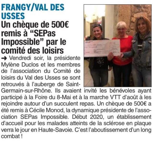 Le Dauphiné : Un chèque de 500€ remis à « SEPas Impossible » par le comité des loisirs