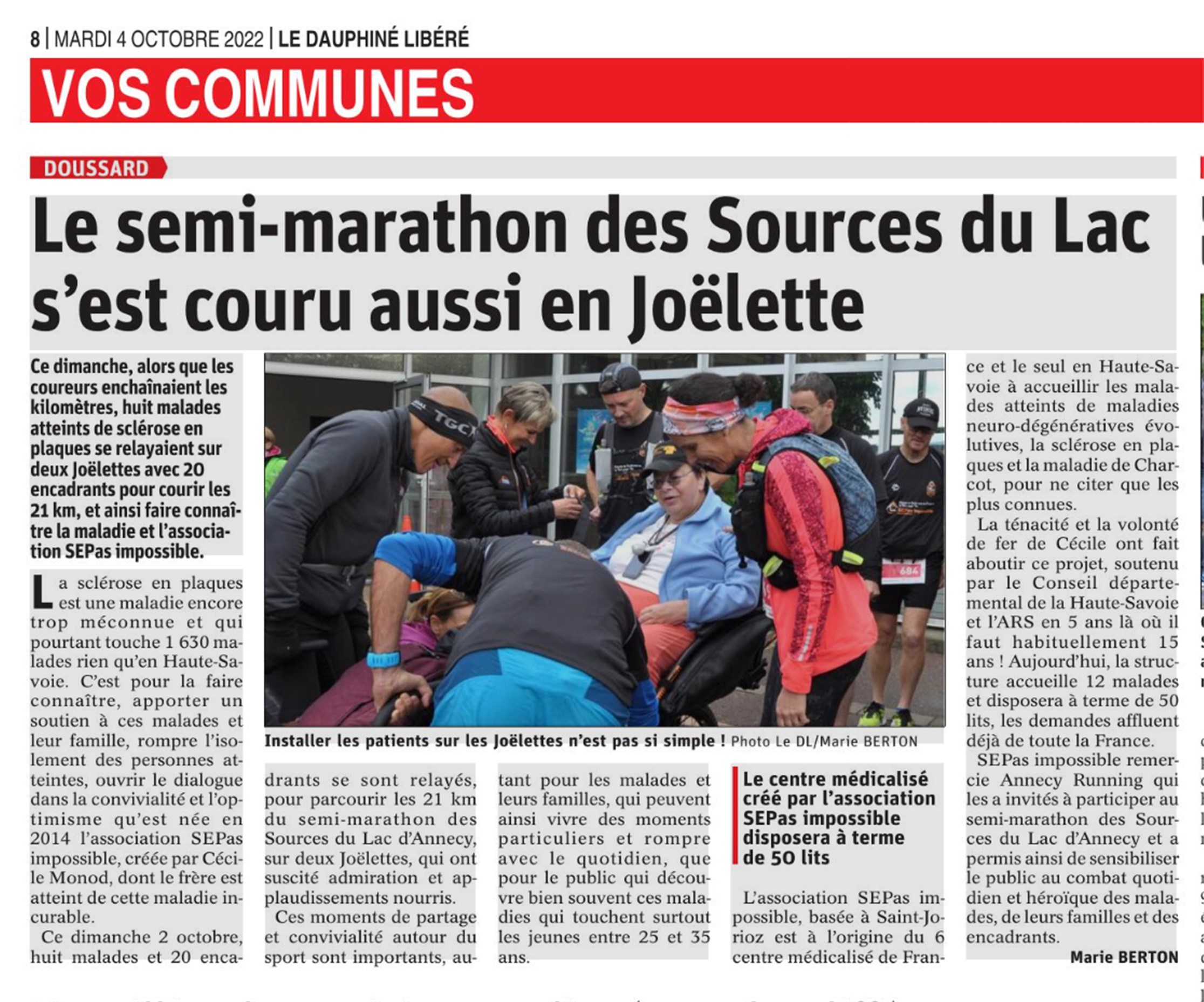 Dauphiné Libéré :  Le Semi-marathon des Sources du Lac en Joëlette